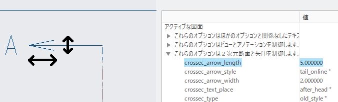 PTC Creo Parametricのcrossec_arrow_length　/　crossec_arrow_width オプションそれぞれ影響範囲