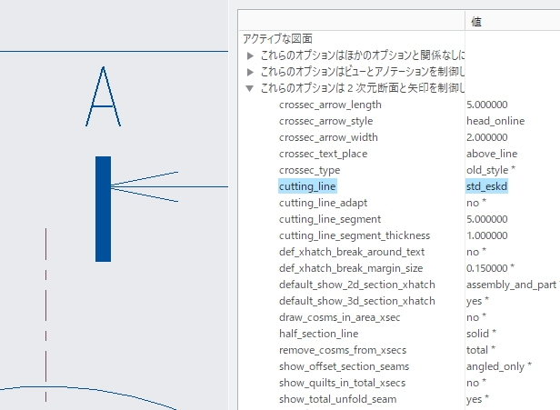 PTC Creo Parametricのcutting_line オプション「eskd」選択時の状態